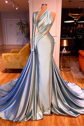 Fashion Sky Blue Soft Satin One Shoulder Long Sleeves Ruffles Prom Dress